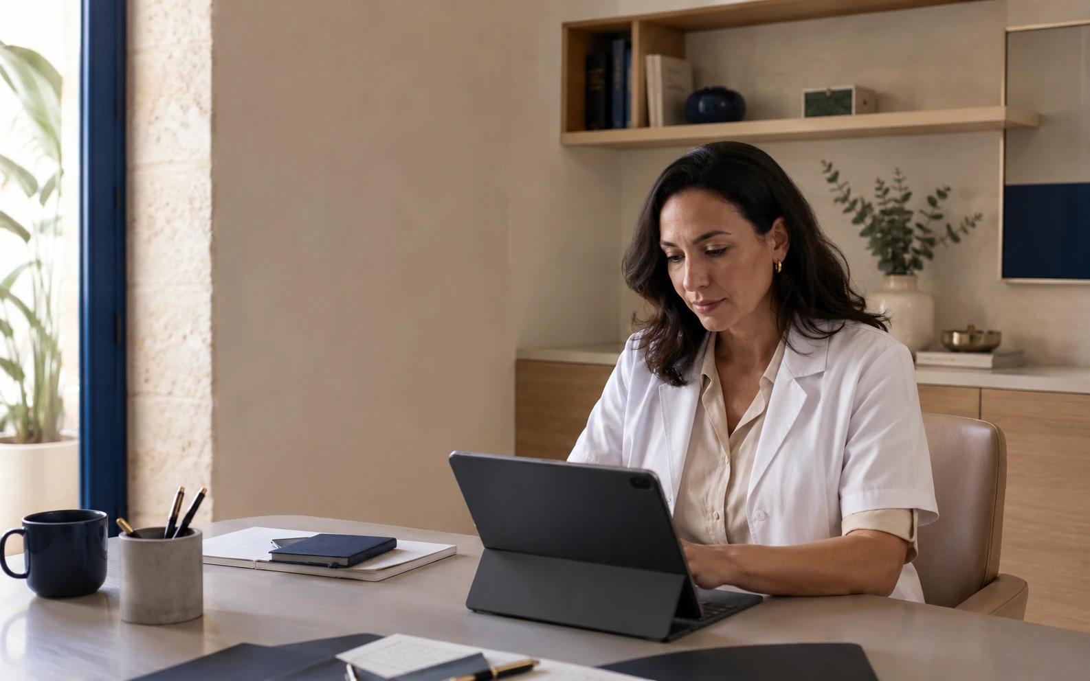 Médecin utilisant une tablette pour consulter les contenus validés d’un cabinet de santé au Maroc